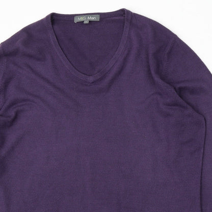 Marks and Spencer Mens Purple V-Neck Acrylic Pullover Jumper Size M