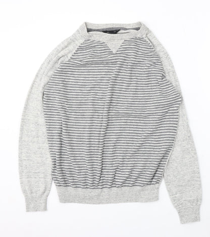 Cedar Wood State Mens Grey Round Neck Striped Cotton Pullover Jumper Size M