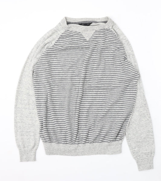 Cedar Wood State Mens Grey Round Neck Striped Cotton Pullover Jumper Size M