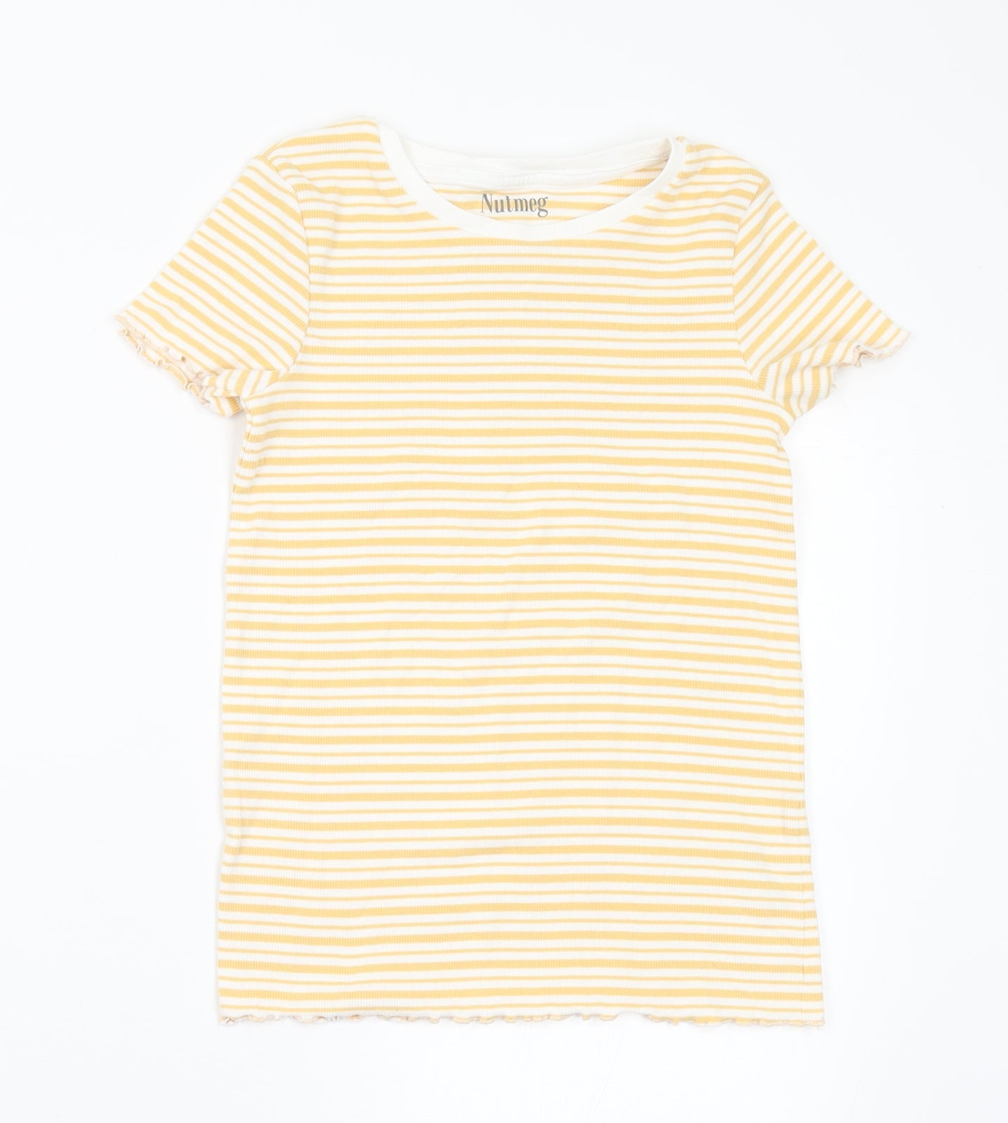 Nutmeg Girls Yellow Striped Cotton Basic T-Shirt Size 10-11 Years Round Neck