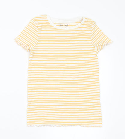 Nutmeg Girls Yellow Striped Cotton Basic T-Shirt Size 10-11 Years Round Neck