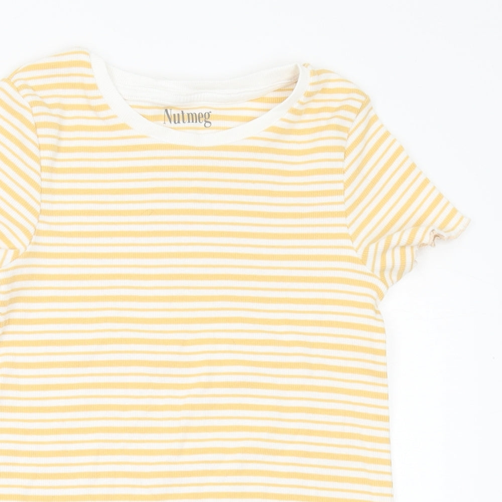 Nutmeg Girls Yellow Striped Cotton Basic T-Shirt Size 10-11 Years Round Neck