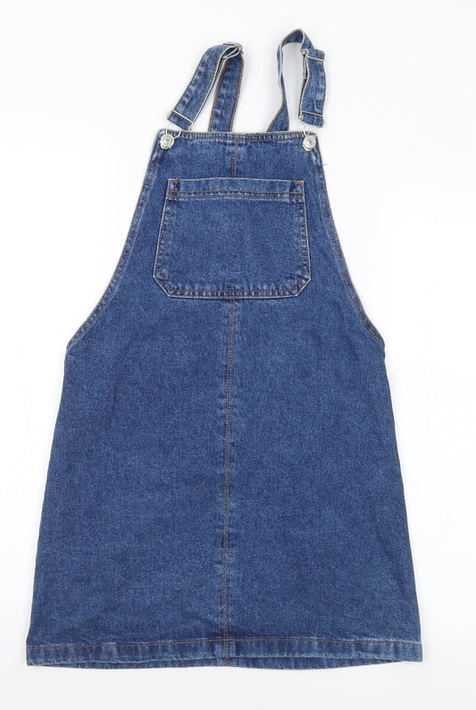 Topshop Womens Blue Cotton Pinafore/Dungaree Dress Size 6 Square Neck