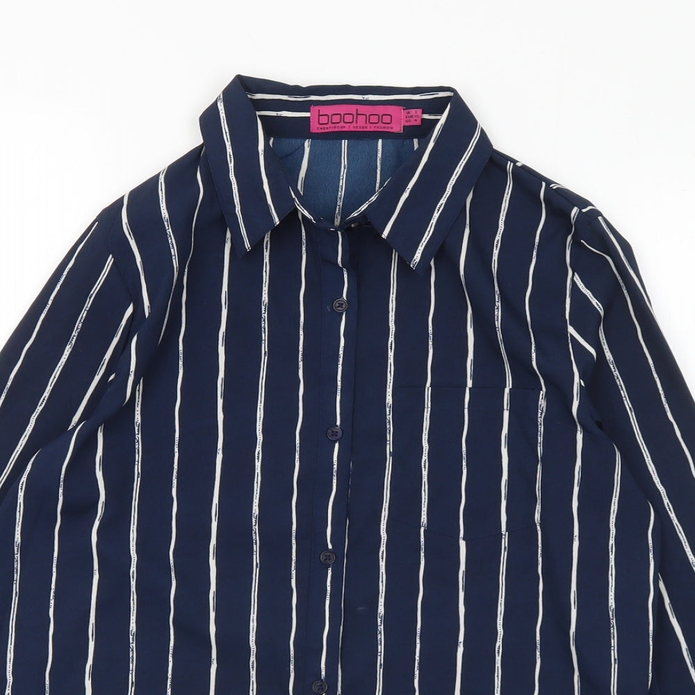 Boohoo Womens Blue Striped Polyester Basic Blouse Size 8 Collared