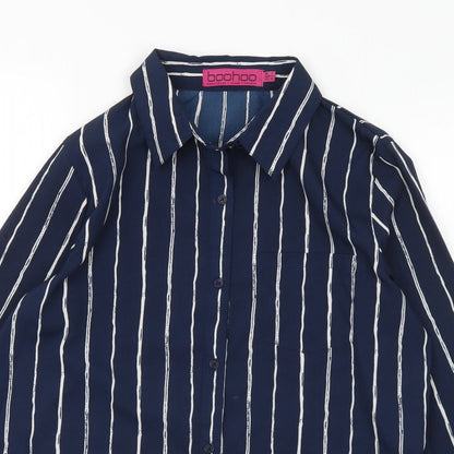 Boohoo Womens Blue Striped Polyester Basic Blouse Size 8 Collared