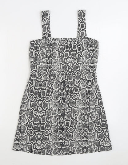 F&F Womens Grey Animal Print Polyester Pinafore/Dungaree Dress Size 10 Square Neck Pullover