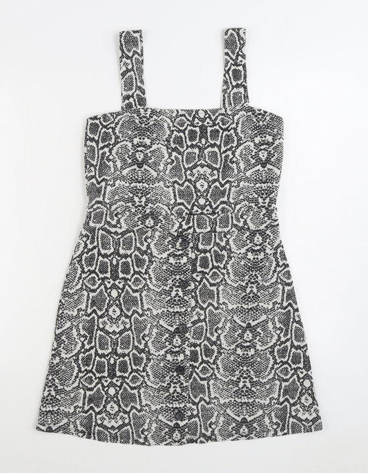 F&F Womens Grey Animal Print Polyester Pinafore/Dungaree Dress Size 10 Square Neck Pullover