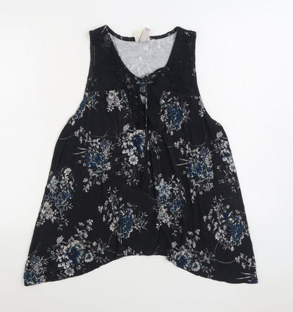 Konk Rose Womens Black Floral Cotton Basic Blouse Size L Scoop Neck