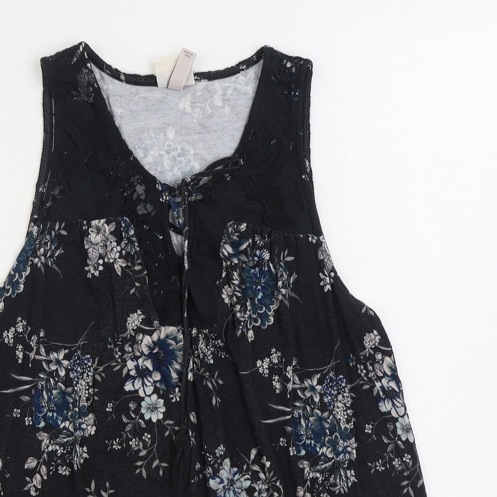 Konk Rose Womens Black Floral Cotton Basic Blouse Size L Scoop Neck