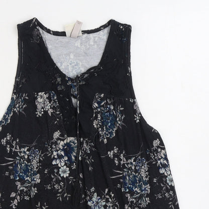 Konk Rose Womens Black Floral Cotton Basic Blouse Size L Scoop Neck