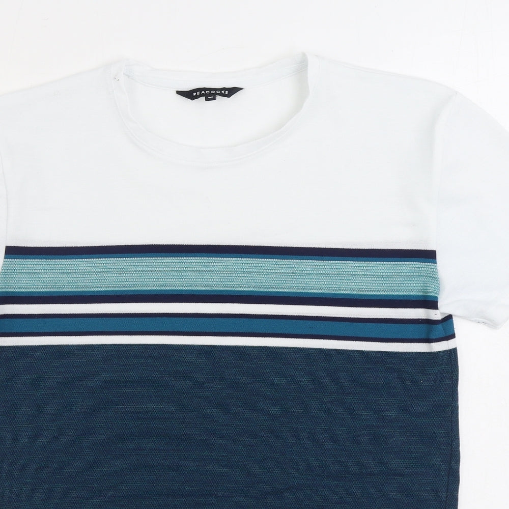 Peacocks Mens Blue Striped Cotton T-Shirt Size M Round Neck