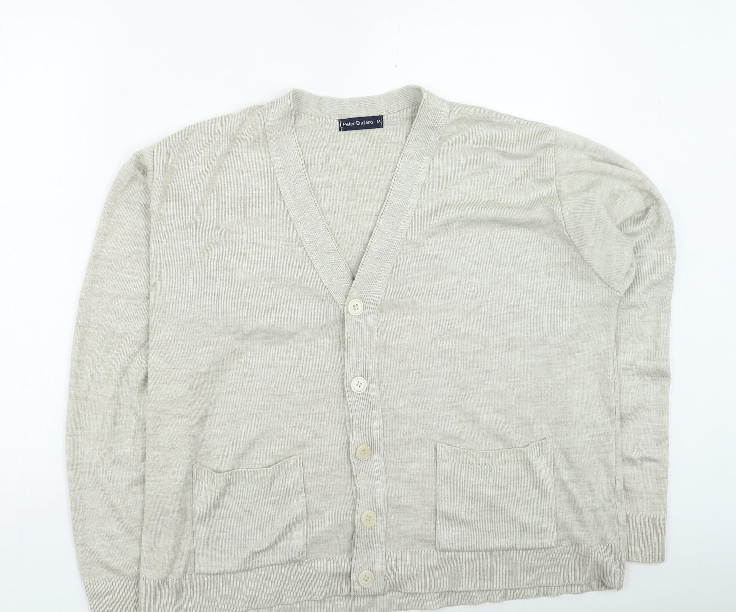 Peter England Mens Beige Round Neck Acrylic Cardigan Jumper Size M