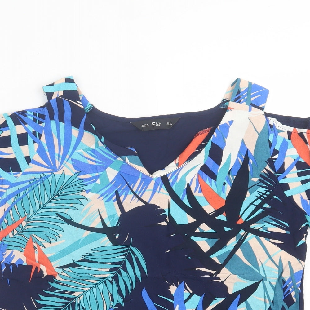 F&F Womens Blue Geometric Viscose Basic T-Shirt Size 10 V-Neck