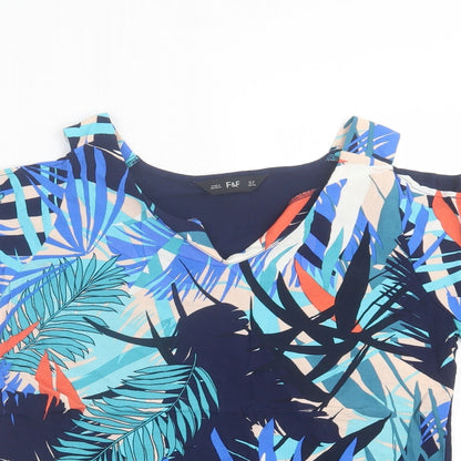 F&F Womens Blue Geometric Viscose Basic T-Shirt Size 10 V-Neck