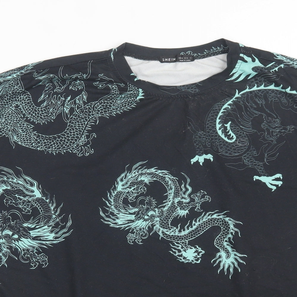 SheIn Womens Blue Geometric Polyester Basic T-Shirt Size XS Crew Neck