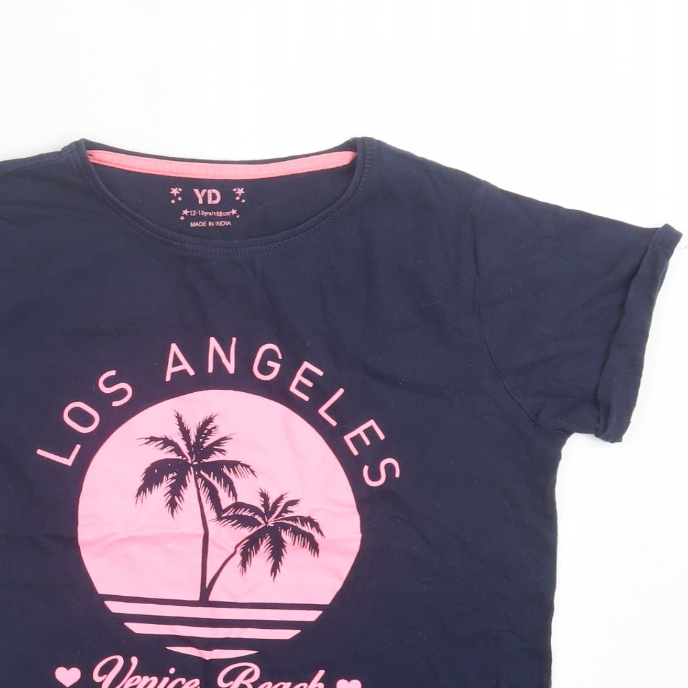Young Dimension Girls Blue Cotton Basic T-Shirt Size 12-13 Years Crew Neck Pullover