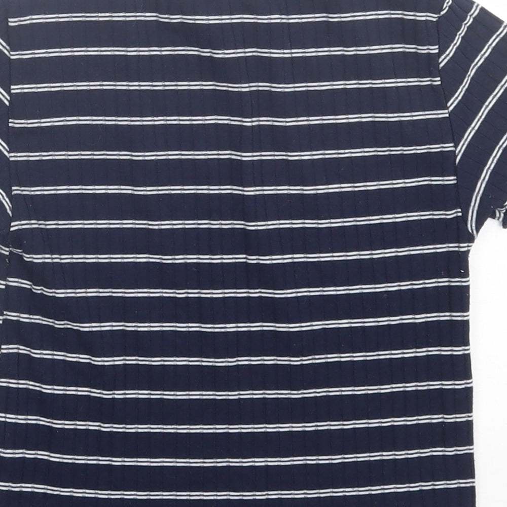 Primark Womens Blue Striped Polyester Cropped T-Shirt Size 4 Crew Neck