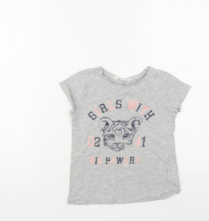 H&M Girls Grey Cotton Pullover T-Shirt Size 6-7 Years Crew Neck Pullover