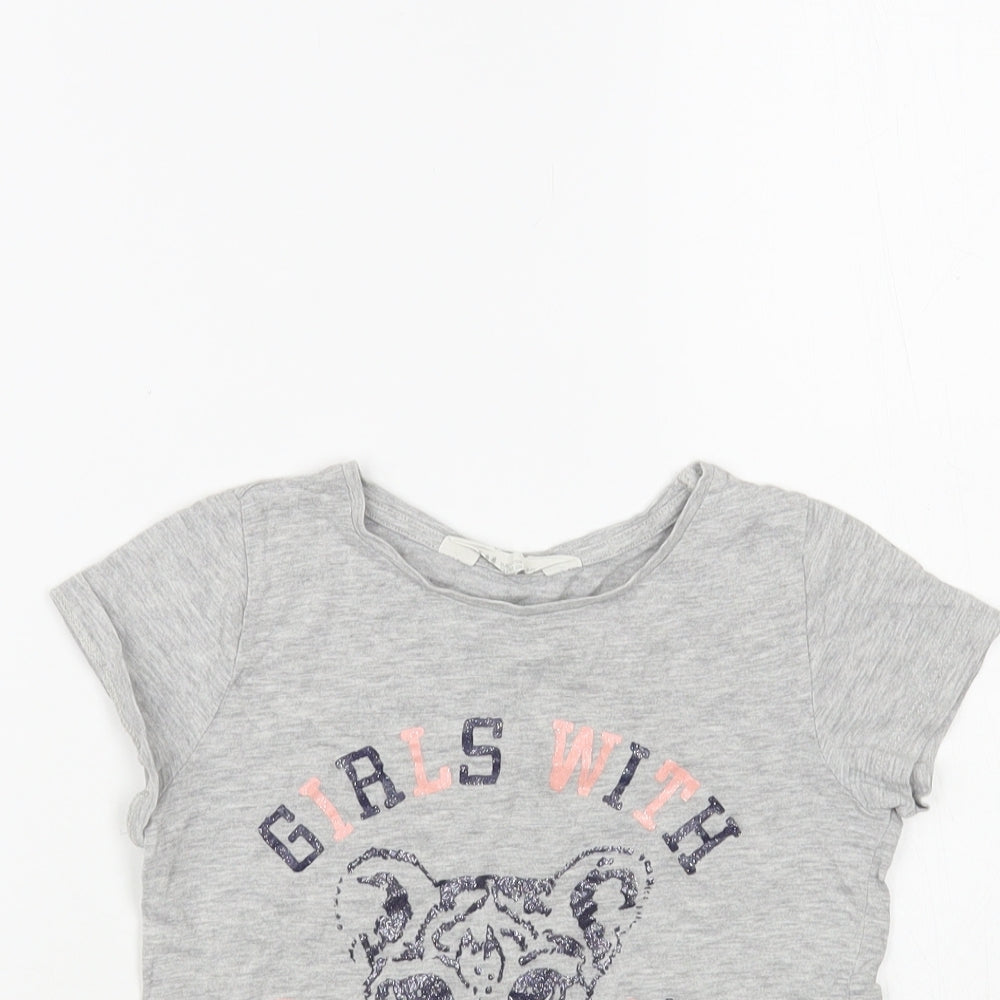 H&M Girls Grey Cotton Pullover T-Shirt Size 6-7 Years Crew Neck Pullover