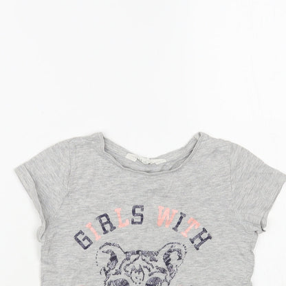 H&M Girls Grey Cotton Pullover T-Shirt Size 6-7 Years Crew Neck Pullover