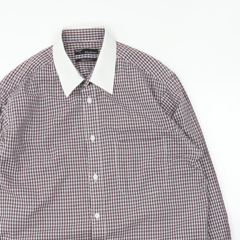 B&W Mens Purple Check Cotton Button-Up Size 15.5 Collared