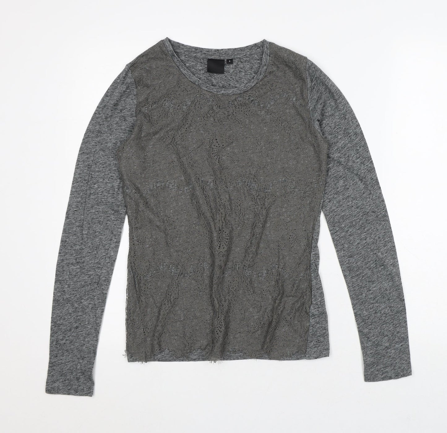 In Wear Womens Grey Geometric Linen Basic T-Shirt Size 12 Round Neck - Lace