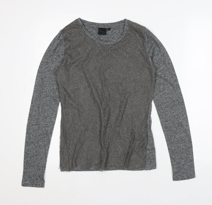 In Wear Womens Grey Geometric Linen Basic T-Shirt Size 12 Round Neck - Lace