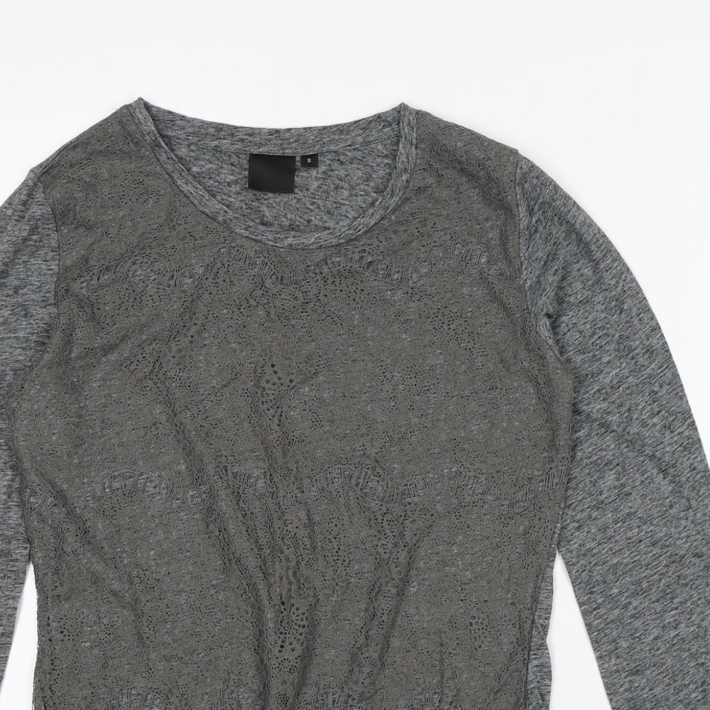 In Wear Womens Grey Geometric Linen Basic T-Shirt Size 12 Round Neck - Lace