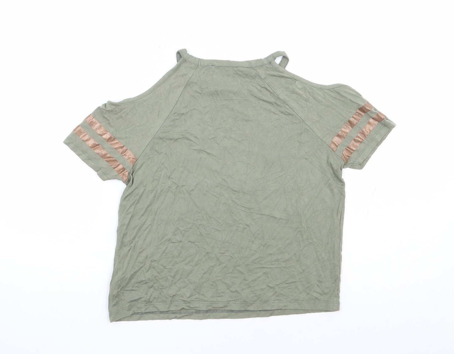 New Look Girls Green Viscose Jersey T-Shirt Size 9 Years Round Neck Pullover - Cold Shoulder