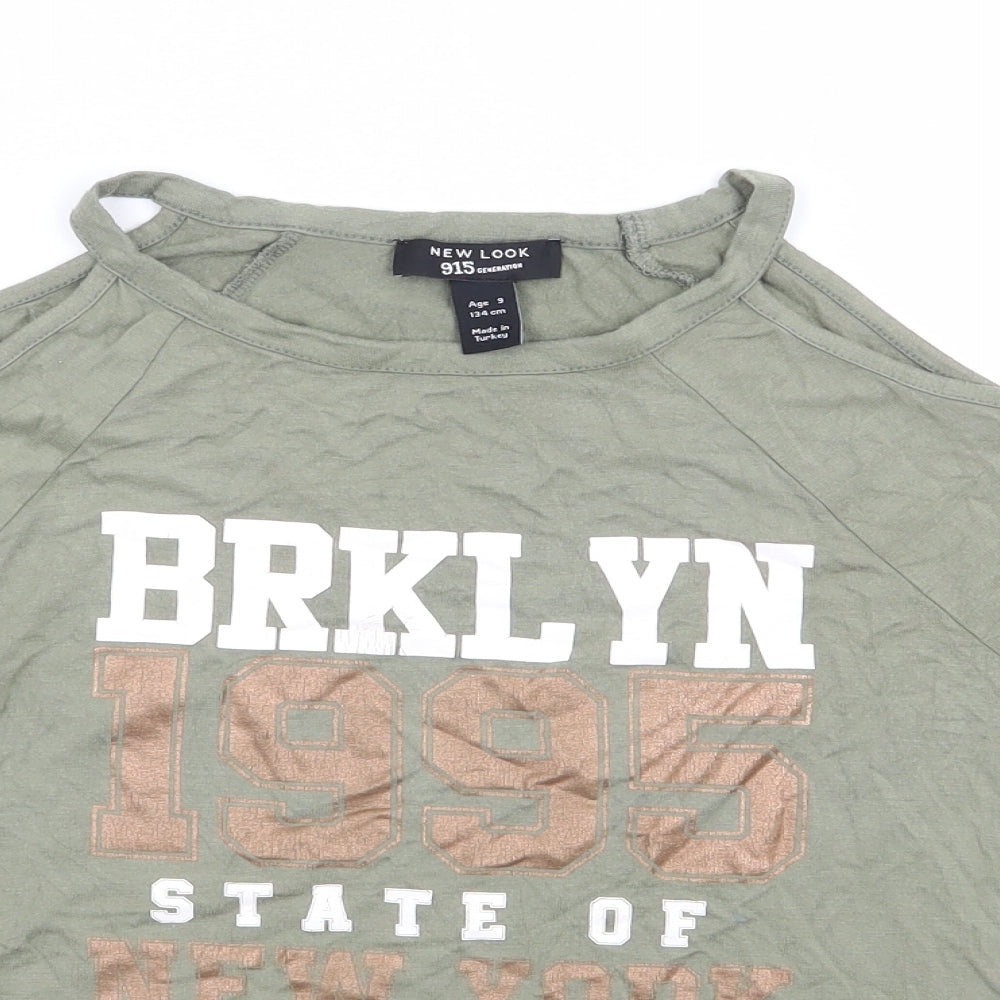 New Look Girls Green Viscose Jersey T-Shirt Size 9 Years Round Neck Pullover - Cold Shoulder