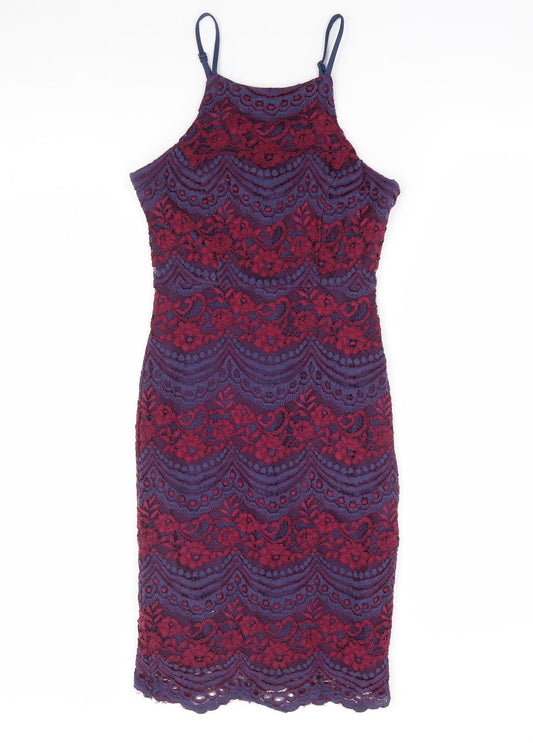 New Look Womens Multicoloured Floral Nylon Bodycon Size 8 Square Neck Zip