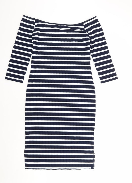 V By Very Womens Blue Striped Polyester Bodycon Size 12 Off the Shoulder Pullover
