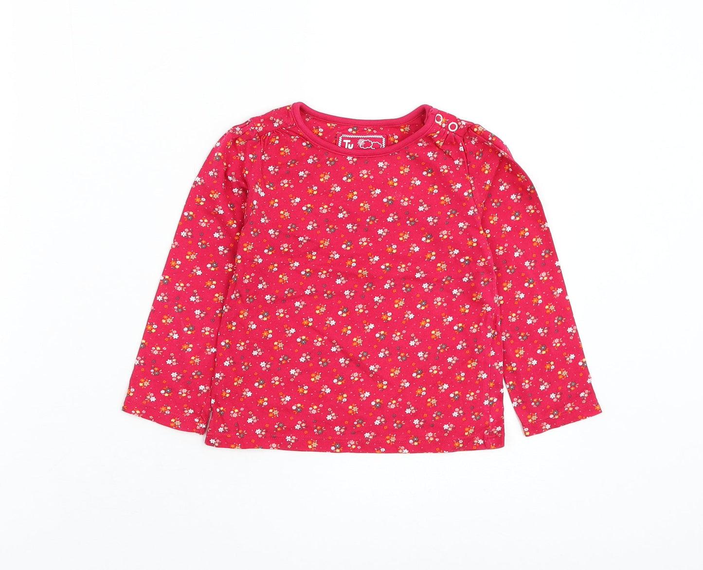 TU Girls Pink Floral Cotton Basic T-Shirt Size 18-24 Months Round Neck Pullover