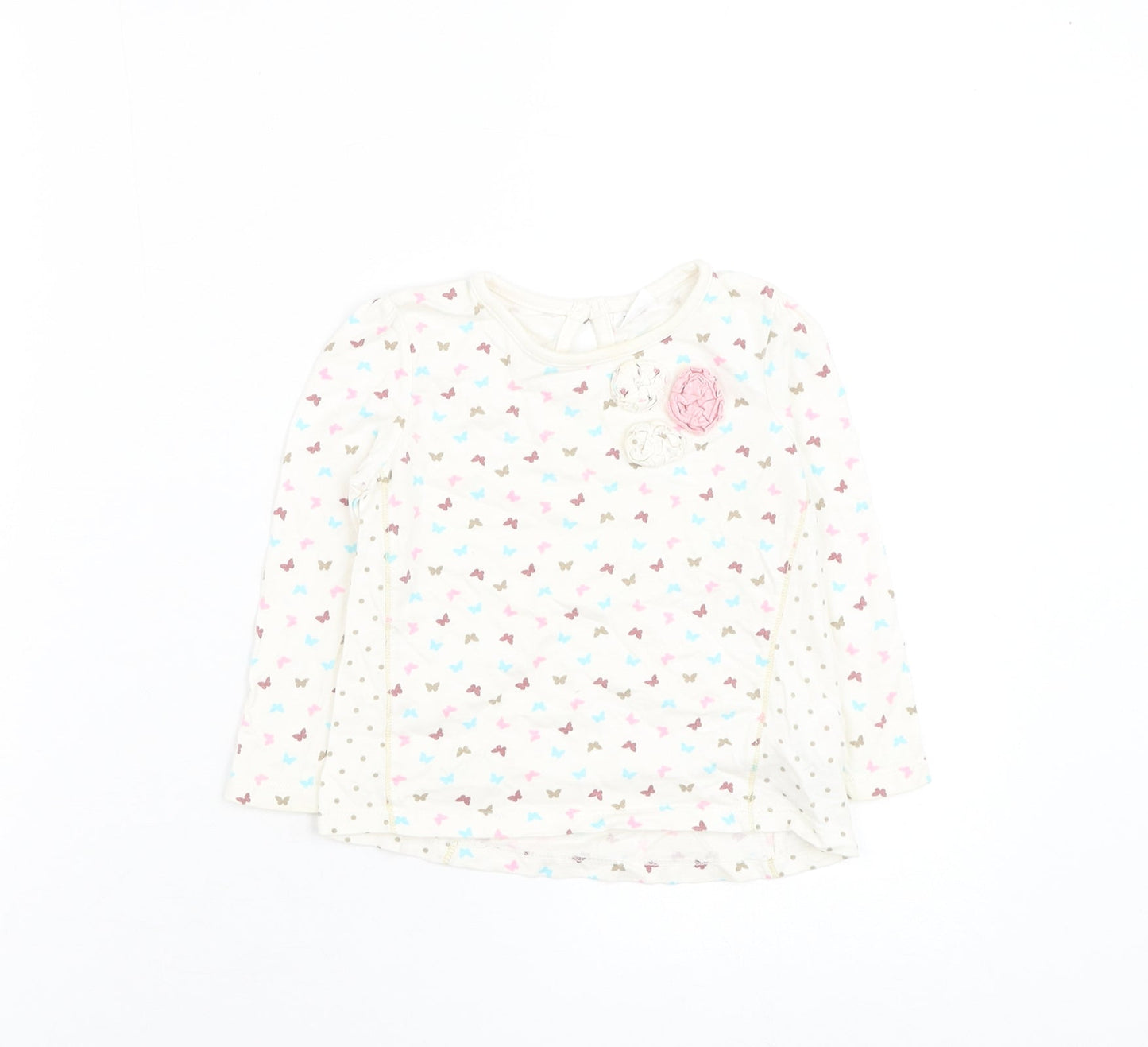 TU Girls White Floral Cotton Basic T-Shirt Size 12-18 Months Round Neck Pullover