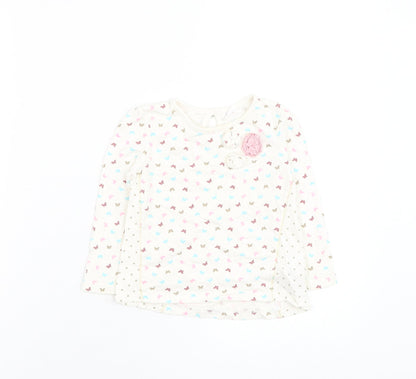 TU Girls White Floral Cotton Basic T-Shirt Size 12-18 Months Round Neck Pullover