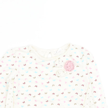 TU Girls White Floral Cotton Basic T-Shirt Size 12-18 Months Round Neck Pullover