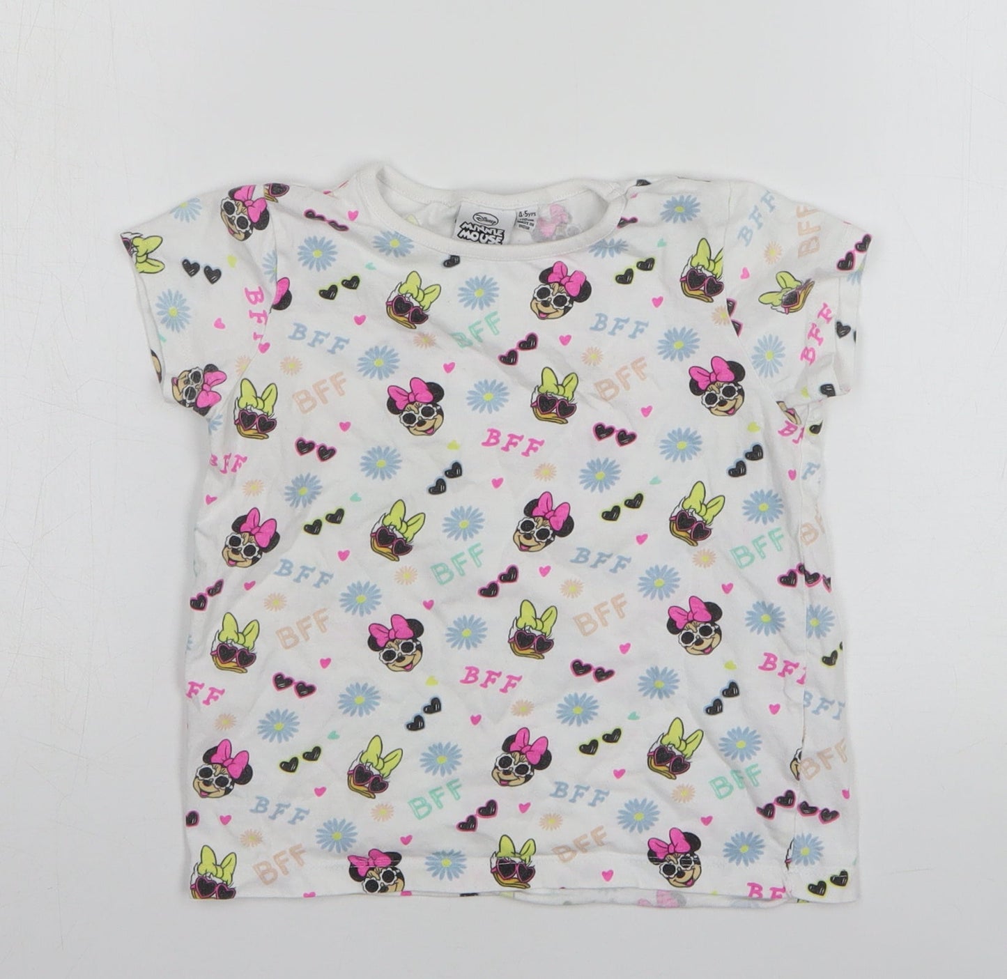 Primark Girls White Geometric Cotton Basic T-Shirt Size 4-5 Years Round Neck - Disney