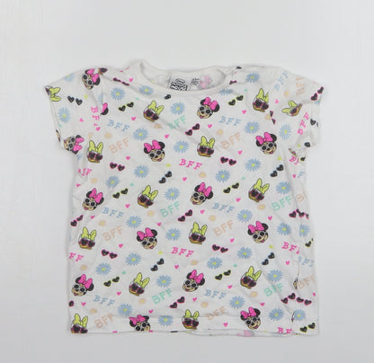 Primark Girls White Geometric Cotton Basic T-Shirt Size 4-5 Years Round Neck - Disney