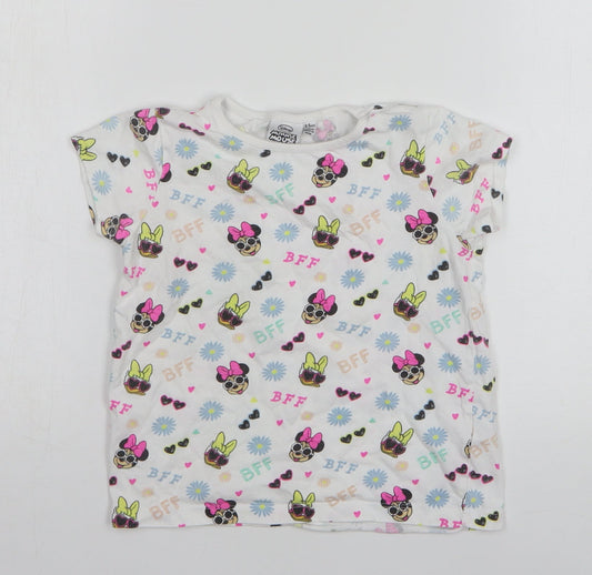 Primark Girls White Geometric Cotton Basic T-Shirt Size 4-5 Years Round Neck - Disney