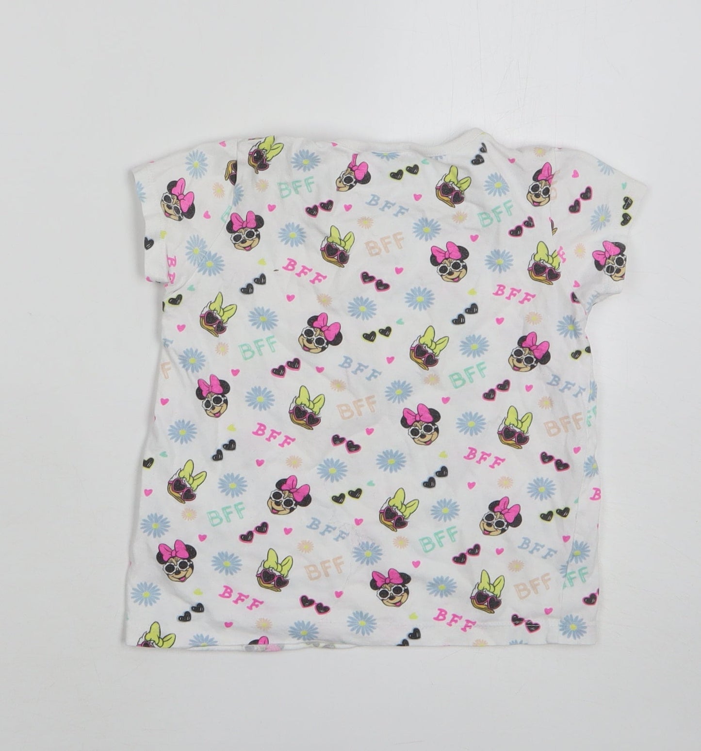 Primark Girls White Geometric Cotton Basic T-Shirt Size 4-5 Years Round Neck - Disney