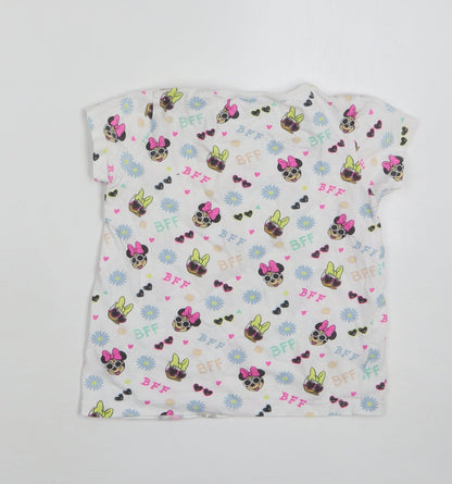 Primark Girls White Geometric Cotton Basic T-Shirt Size 4-5 Years Round Neck - Disney