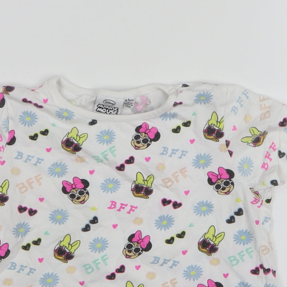 Primark Girls White Geometric Cotton Basic T-Shirt Size 4-5 Years Round Neck - Disney