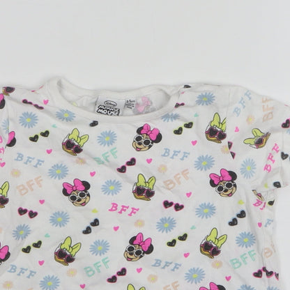 Primark Girls White Geometric Cotton Basic T-Shirt Size 4-5 Years Round Neck - Disney