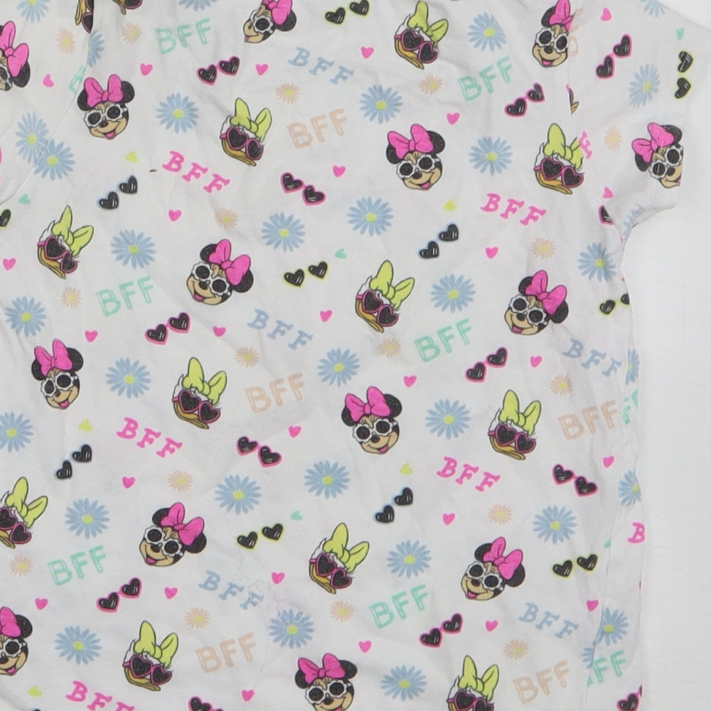 Primark Girls White Geometric Cotton Basic T-Shirt Size 4-5 Years Round Neck - Disney