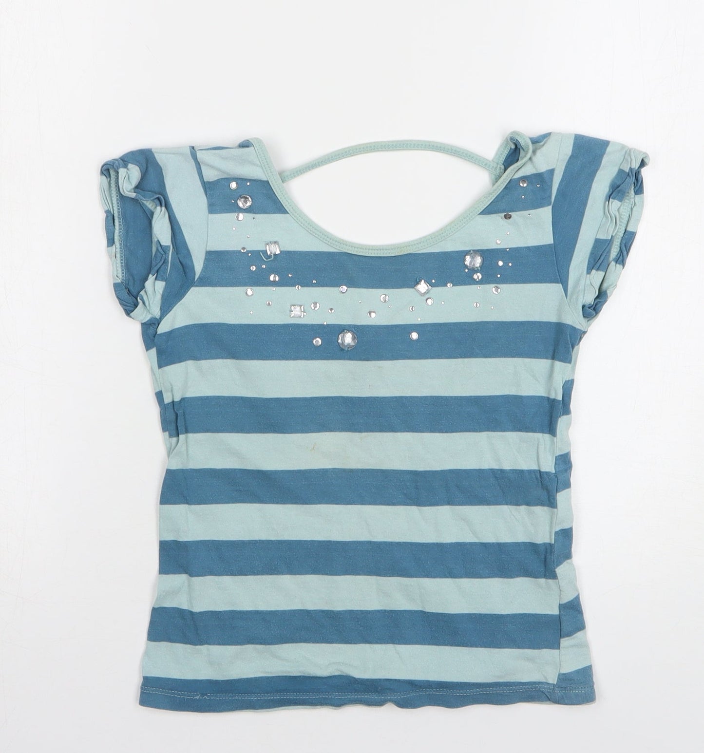 Julien Macdonald Girls Blue Striped Cotton Basic T-Shirt Size 9-10 Years Round Neck