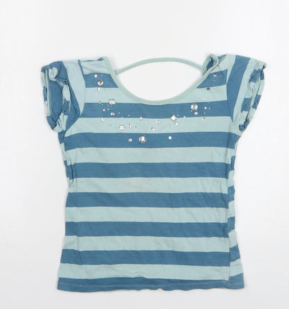 Julien Macdonald Girls Blue Striped Cotton Basic T-Shirt Size 9-10 Years Round Neck