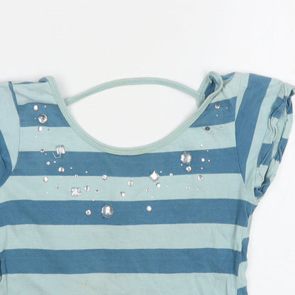 Julien Macdonald Girls Blue Striped Cotton Basic T-Shirt Size 9-10 Years Round Neck