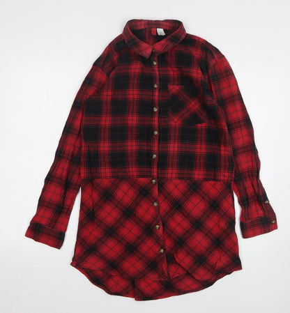 H&M Womens Red Plaid Cotton Shirt Dress Size 6 Collared