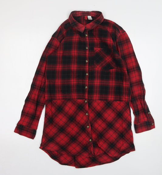 H&M Womens Red Plaid Cotton Shirt Dress Size 6 Collared