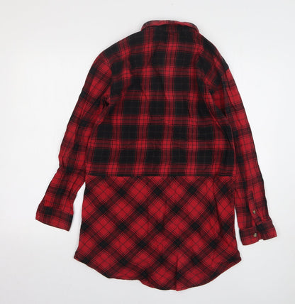 H&M Womens Red Plaid Cotton Shirt Dress Size 6 Collared